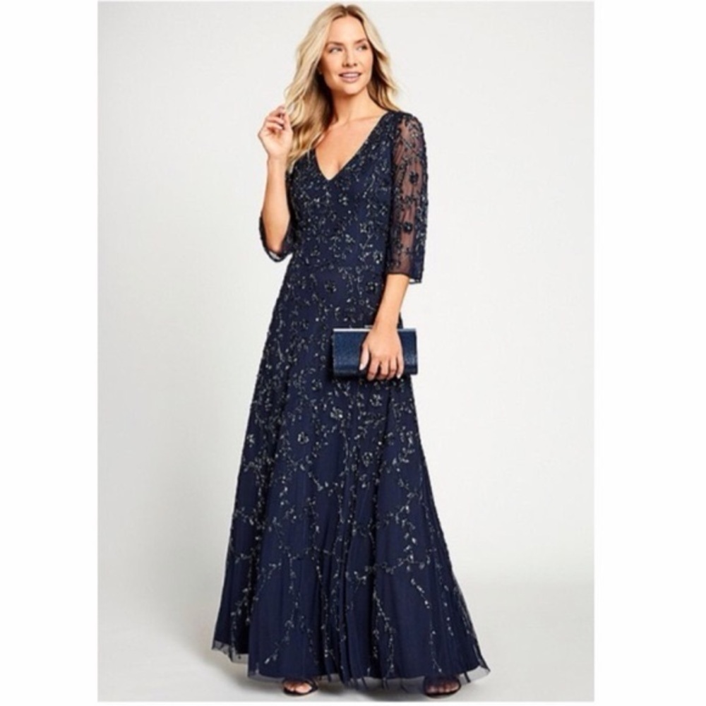 Aidan Mattox Fully Beaded V-Neckline 3/4 Sleeves Long Gown Navy Blue